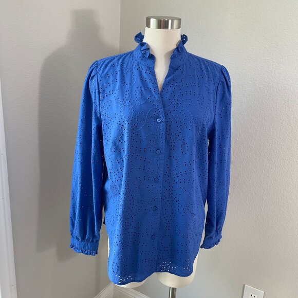 Ann Taylor Womens Large Periwinkle Button Up Eyelet Blouse Ruffle Collar Shirt - Picture 1 of 11
